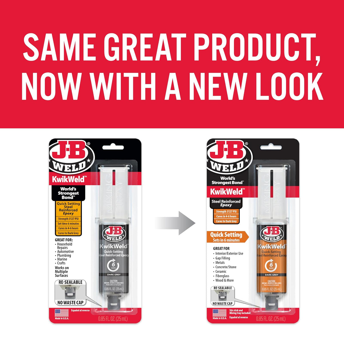 J-B Weld Epoxy KwikWeld de Alta Resistencia, Fraguado en 6 Minutos, Gris Oscuro, Paquete de 2, 25 ml, 50176-2