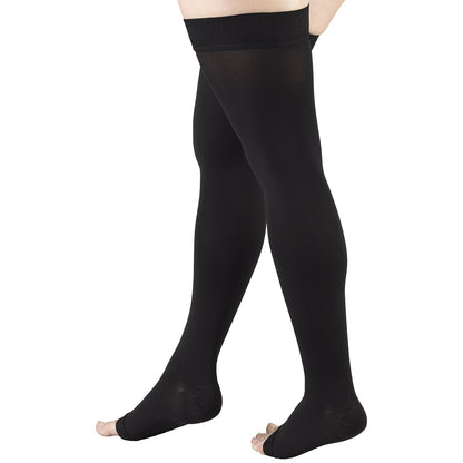 Truform 20-30 mmHg Compression Stockings For Men and Women, Thigh High Length, Dot-Top, Open Toe Black, Pack of 1