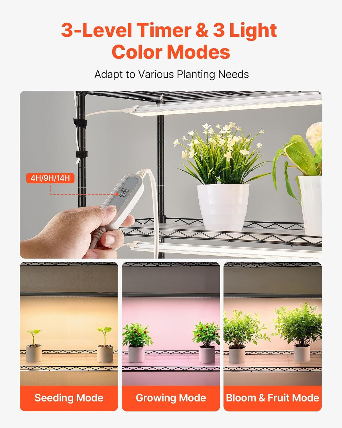 VEVOR Soporte para Plantas con Luz de Cultivo 6 Niveles 180 cm 150 W, Estante para Plantas con Ruedas, Temporizador de 4/9/14 H, 3 Modos de Iluminación, para Crecimiento de Planta, 750x350x1800 mm