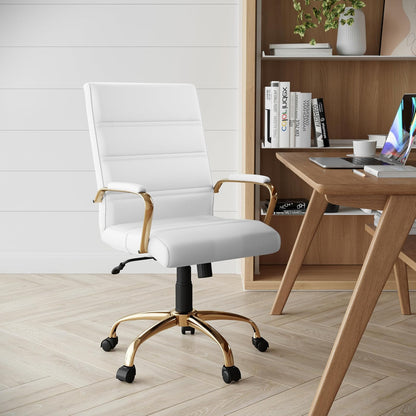 Flash Furniture Silla de Oficina con Respaldo Medio - Silla de Escritorio Ejecutiva de Polipiel Blanco Silla de Computadora con Estructura Dorada y Reposabrazos, 23" W x 24" D x 37" - 40.75" H