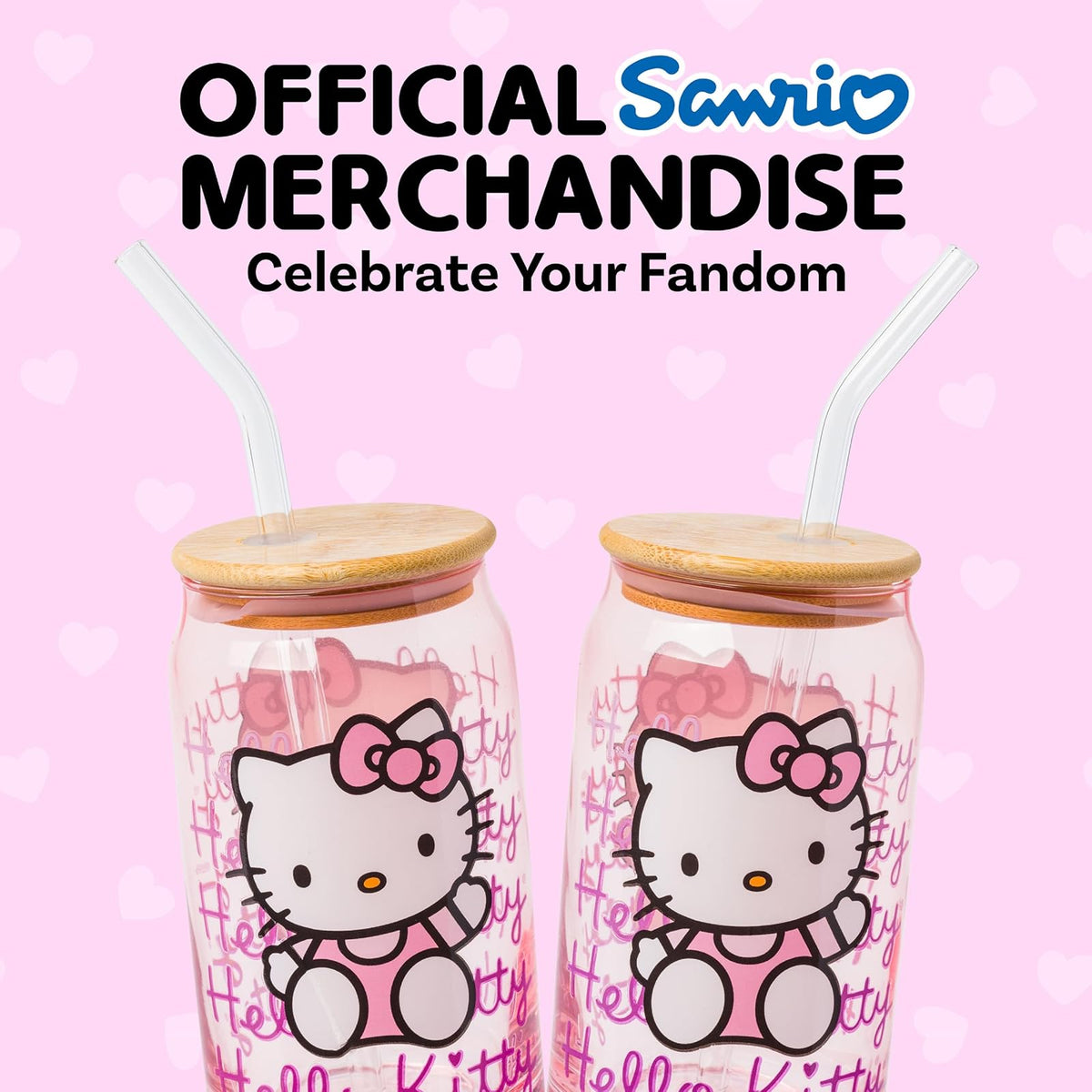 Silver Buffalo Sanrio Hello Kitty - Vaso de vidrio rosa con tapa de bambú y popote de vidrio, 16 onzas