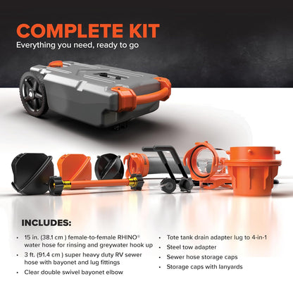 Camco Rhino - Tanque portátil de 15 galones para caravanas – Cuenta con Ruedas Grandes y Resistentes sin Planas y Orificio de Drenaje bajo, Incluye Adaptador de Remolque de Acero extraíble, Manguera