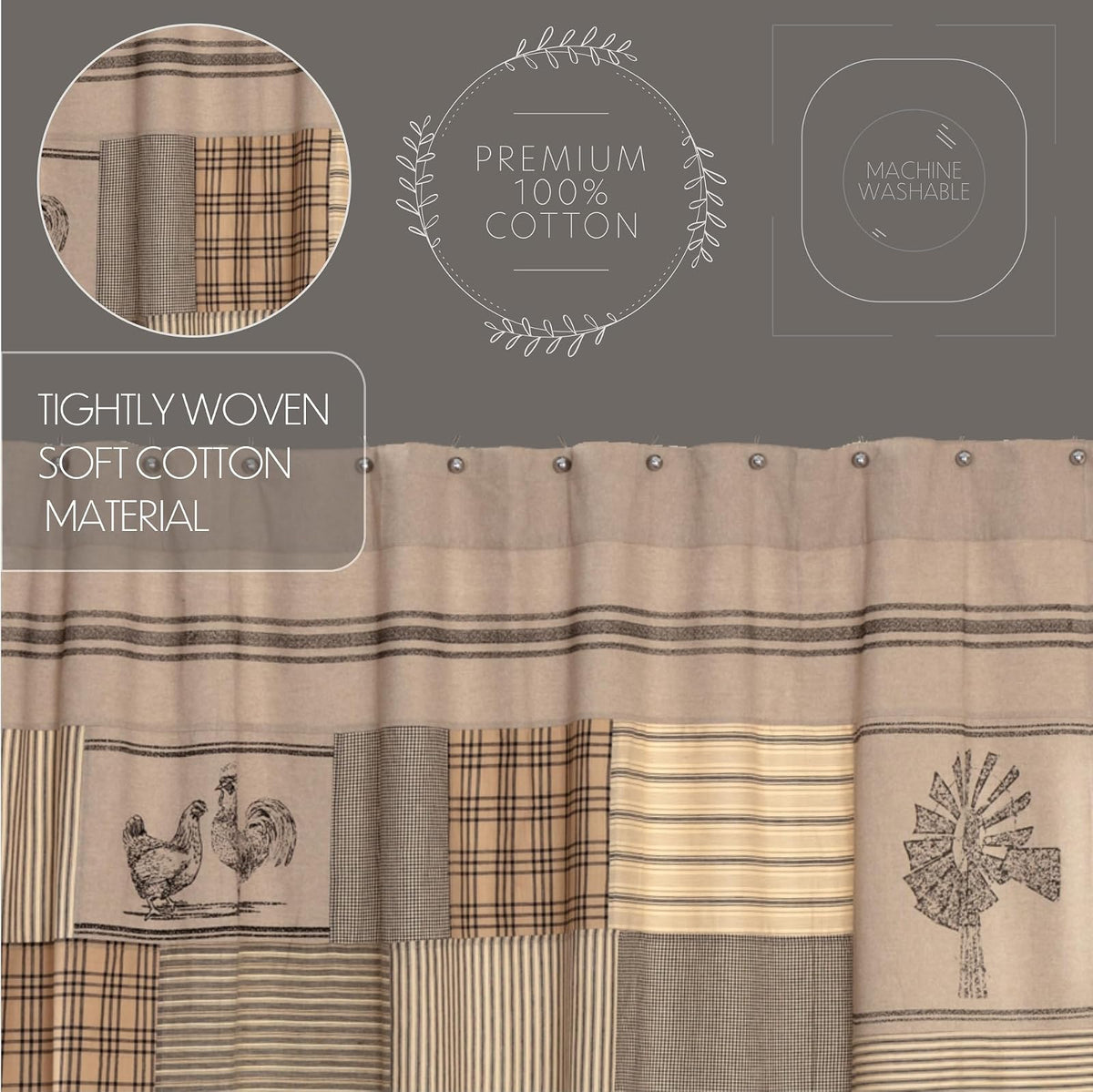 VHC Brands Sawyer Mill - Cortina de Ducha con Estampado de carbón, 72 x 72 Pulgadas