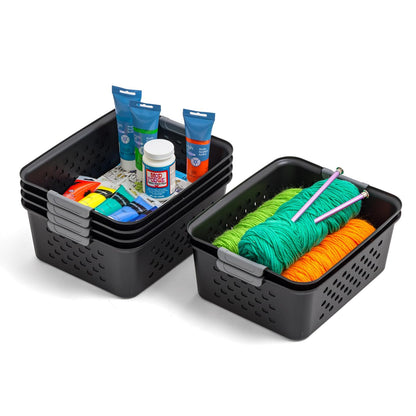 IRIS USA Canasta Mediana de Plástico para Almacenamiento, Paquete de 6, Cesta Organizador para Colgar, para Estantes, Despensas, Cocinas, Armarios, Dormitorios y Baños, Negro