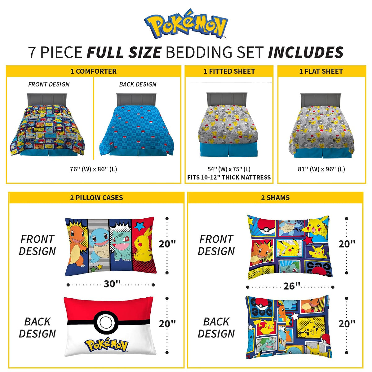 Franco - Juego de Ropa de Cama Supersuave para niños, edredón y sábanas con Funda de Almohada, 7 Piezas, tamaño matrimonial, Pokémon