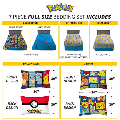 Franco - Juego de Ropa de Cama Supersuave para niños, edredón y sábanas con Funda de Almohada, 7 Piezas, tamaño matrimonial, Pokémon