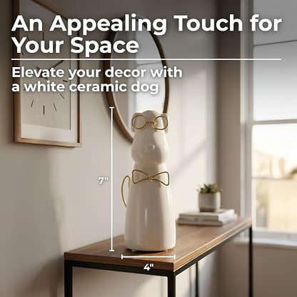 Sagebrook Home Figura de cerámica para Cachorros de 7 Pulgadas con anteojos y Pajarita, Escultura contemporánea de Perro Blanco y Dorado para decoración de Mesa del hogar u Oficina