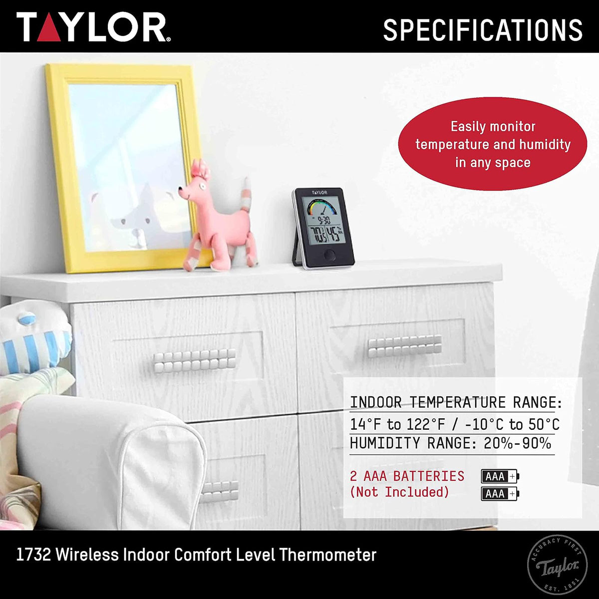 Taylor Precision Products 1732 Taylor Digital Indoor Comfort Level Thermometer and Hygrometer, Black