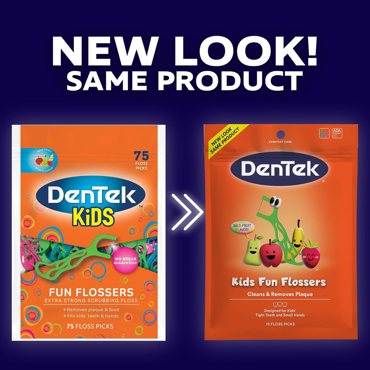 Dentek Kids Fun Flossers with Advanced Fluoride Coating | Removes Food & Plaque | Wild Fruit Flavored Floss Picks | 75 Count | Pack of 6