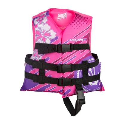 Oceans 7 US Coast Guard-Approved Kids Life Jacket 30-50 lbs, Type III PFD Flexible-Fit Open-Sided Design Personal Flotation Device, Pink/Berry
