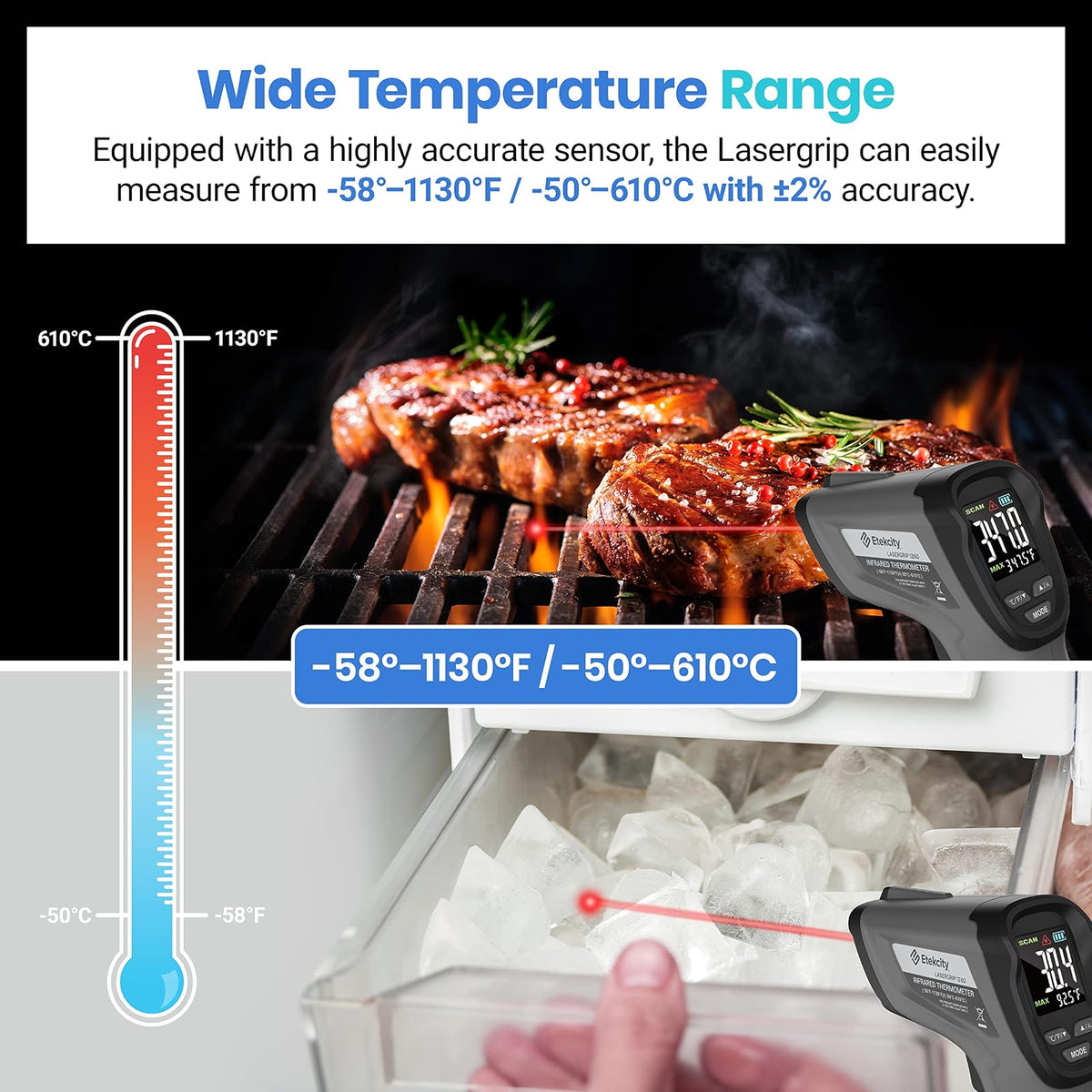 Etekcity Infrared Thermometer Temperature Gun -58°F to 1130°F, Laser Temp IR Tool for Cooking, Grill, Pizza Oven, Griddle with Adjustable Emissivity and Max Measure with Color LCD Screen Black