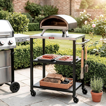 Feasto - Mesa de parrilla de 3 estantes, soporte para horno de pizza con estante ajustable, carro de parrilla móvil, para exterior, carrito de bar al aire última intervensión con ruedas, mesa de acero