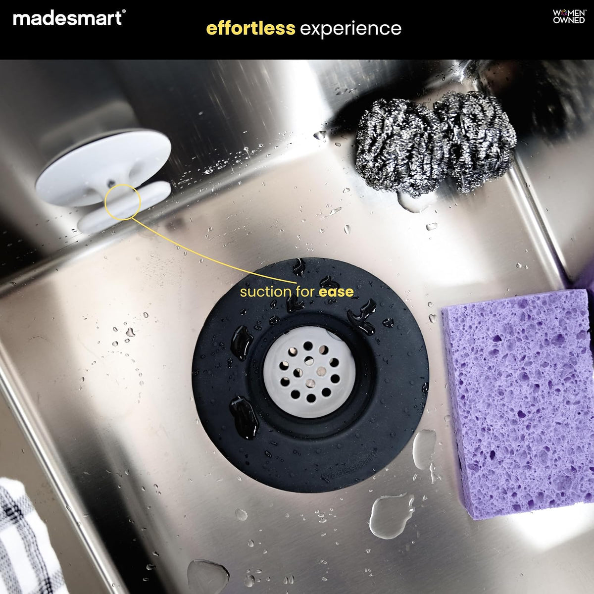 Madesmart - Colador de drenaje de dos piezas y tapón, borde de agarre suave, fácil de quitar y limpiar, se pliega para un almacenamiento cómodo, pequeño, de carbono
