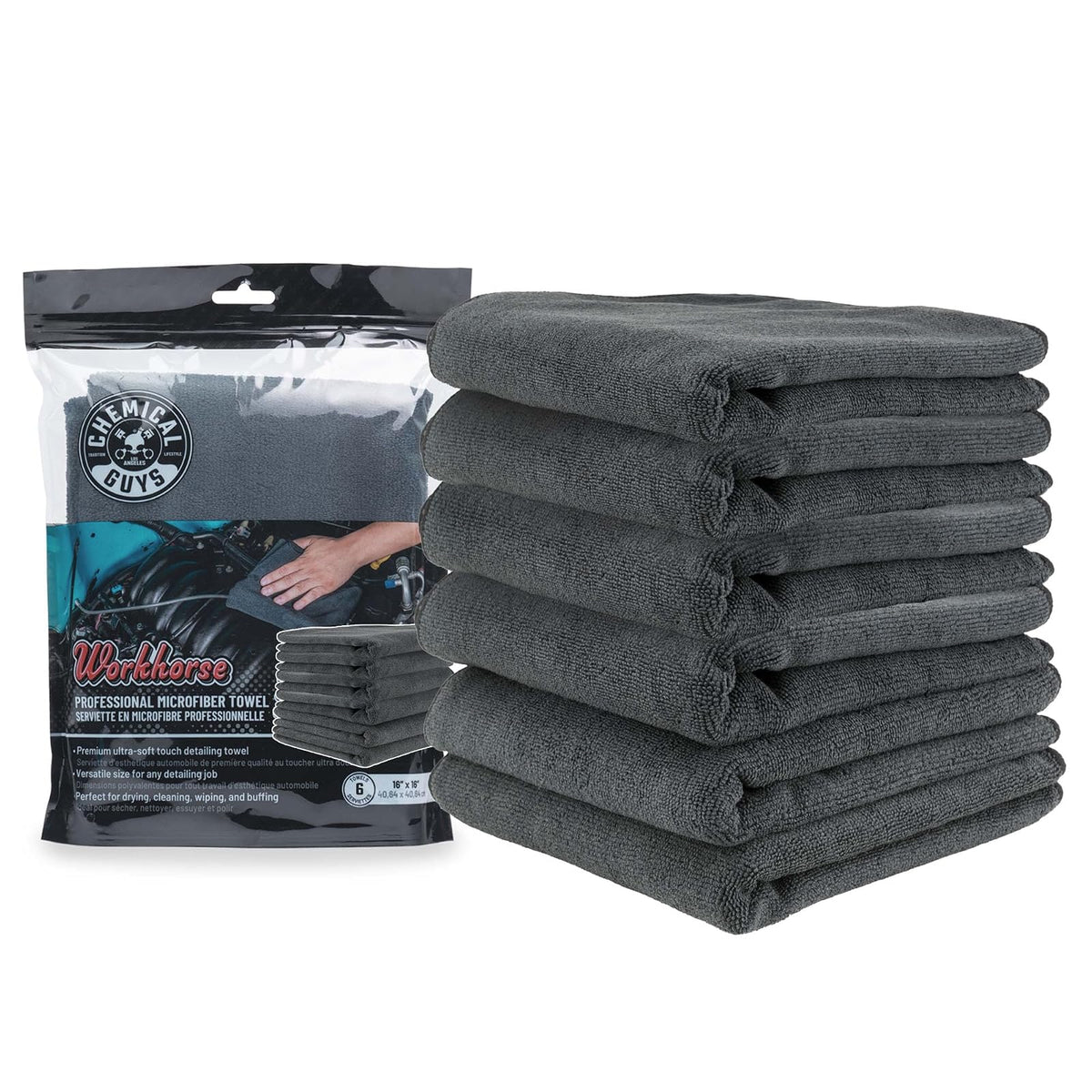 Chemical Guys Toalla de Microfibra Workhorse, Negro, 40.6 cm, MIC35306, Paquete de 6 - 16 in x 16 in - Negro