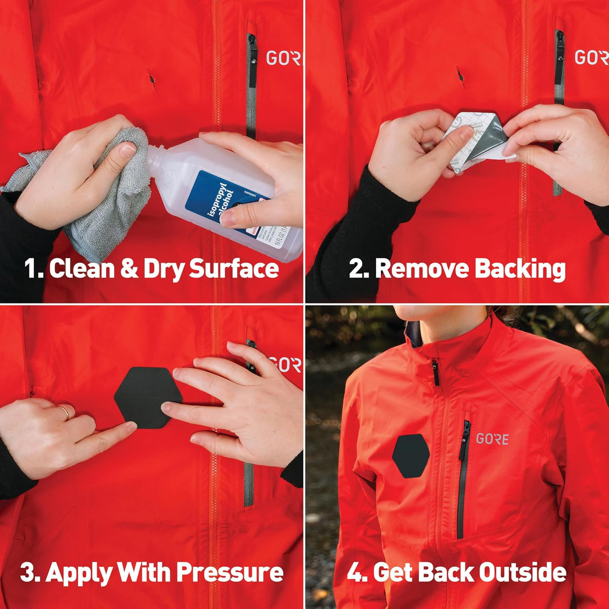 GEAR AID - Parches de tela Gore-TEX Tenacious Tape para fijar rápidamente agujeros y desgarros en chaquetas, guantes, pantalones de lluvia y esquí, negro, hexagonal de 2.5 x 2.8 pulgadas, rectangular