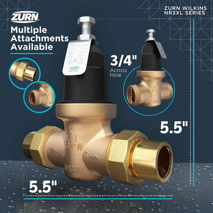 Zurn Wilkins 34-NR3XLDUPEX - Válvula reductora de presión NR3XL de 3/4 pulgadas con conexión de doble unión PEX de crimpado sin plomo