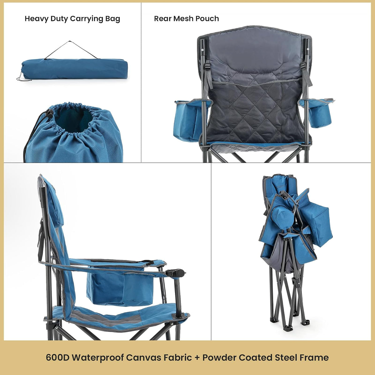 ARROWHEAD Outdoor - Silla plegable portátil para camping con enfriador de 6 latas, portavasos y copas de vino, bolsa de transporte resistente, reposabrazos acolchados, reposacabezas y asiento, soporta