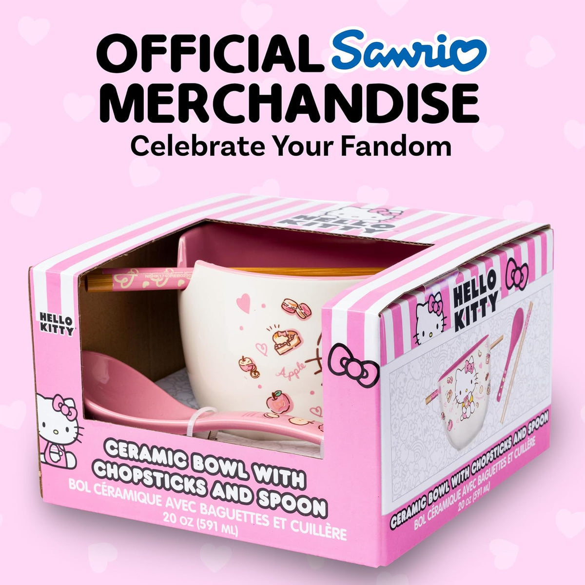 Silver Buffalo Sanrio Hello Kitty - Juego de cuencos y palillos de ramen de 20 onzas