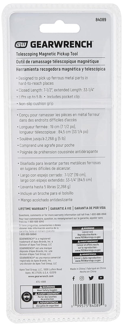 GEARWRENCH 84089 - Herramienta de recogida magnética telescópica de 33-1/4" (5 libras)