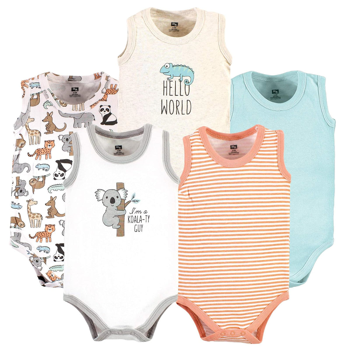 Hudson Baby Body Unisex sin Mangas para Bebé, Paquete de 5, Algodón - 12-18 Meses - Animales del zoológico