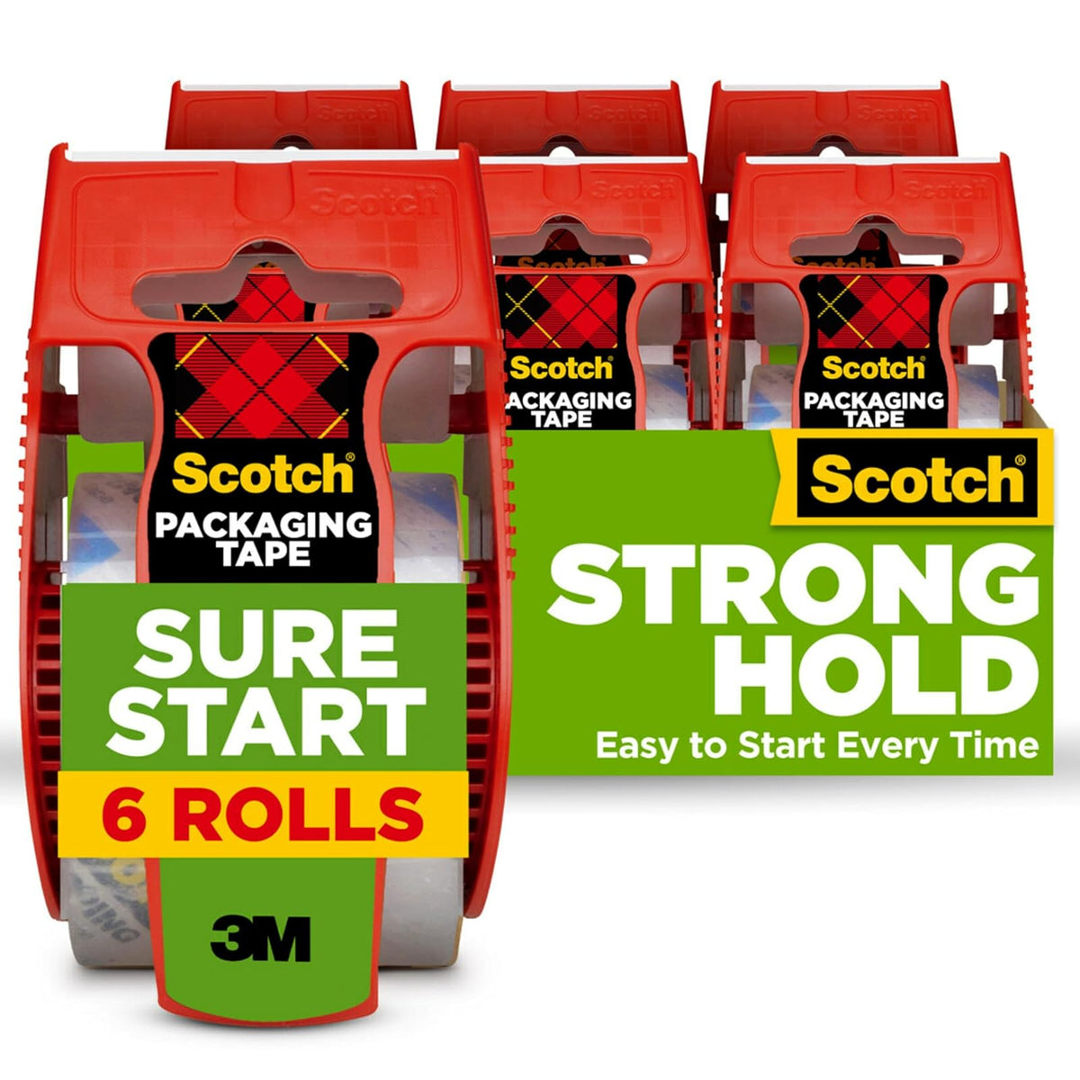 Scotch Sure Start - Cinta de embalaje de envío, 1.88 x 22.2 yardas, diseñada para embalar, enviar y enviar, desenrollar silencioso, sin división ni desgarro, núcleo de 1.5 pulgadas, transparente, 6 rollos dispensados (145-6)