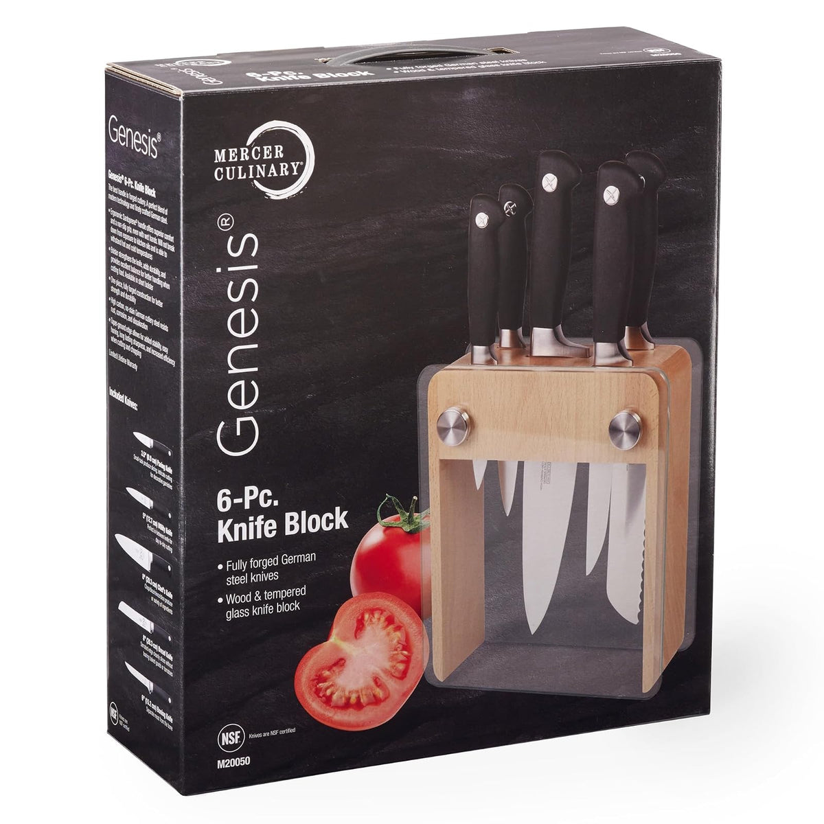 Mercer Culinary Genesis Juego de bloque con 6 cuchillos forjados, Bloque de madera con vidrio templado, Negro/Acero, 15" x 4" x 10", 1, 1