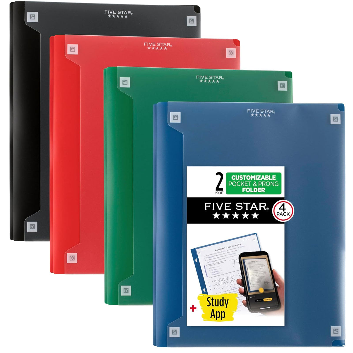 Five Star - Carpeta de 2 bolsillos + aplicación de estudio, paquete de 4, carpetas de plástico con cierres de punta y cubierta transparente personalizable, capacidad para papel de 8-1/2 x 11 pulgadas