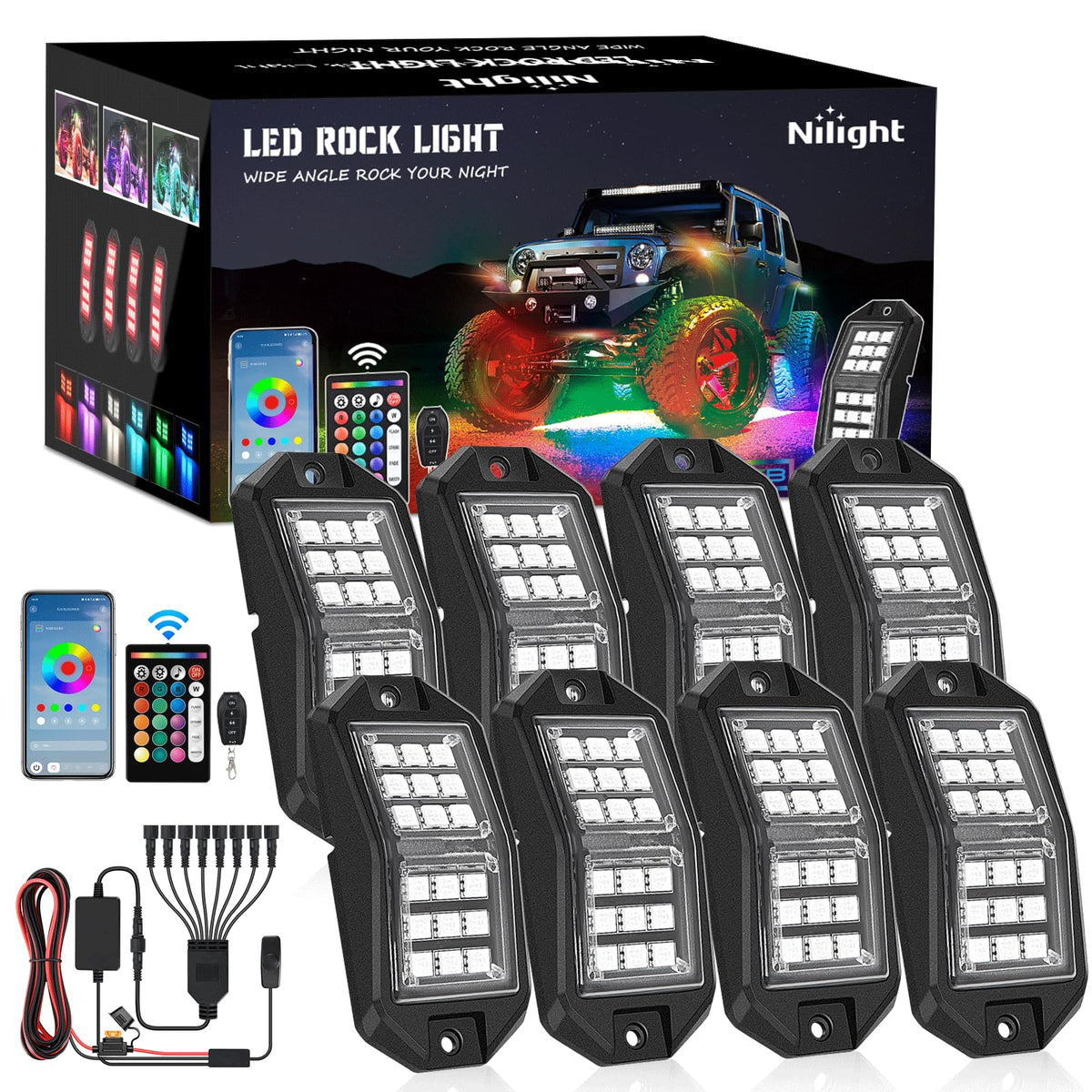 Nilight - Kit de 8 luces LED RGB de roca de 18 luces LED de gran angular con control remoto y aplicación Bluetooth, control dual, multimodos, subido, multicolores, para ATV, UTV, SUV, todoterreno