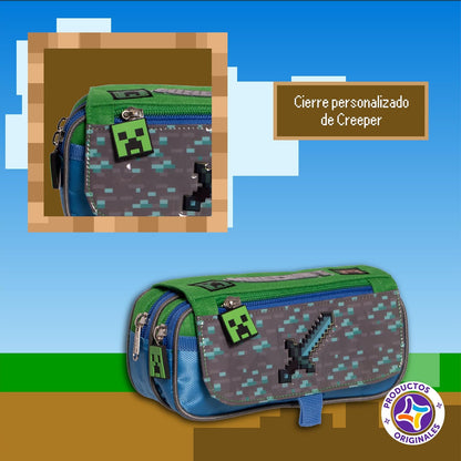 Ruz Lapicera Triple Infantil y Preescolar | Minecraft | 100% Poliéster | Organizador Escolar para Niños con Múltiples Bolsillos y Cierre | Recomendado desde 3 años