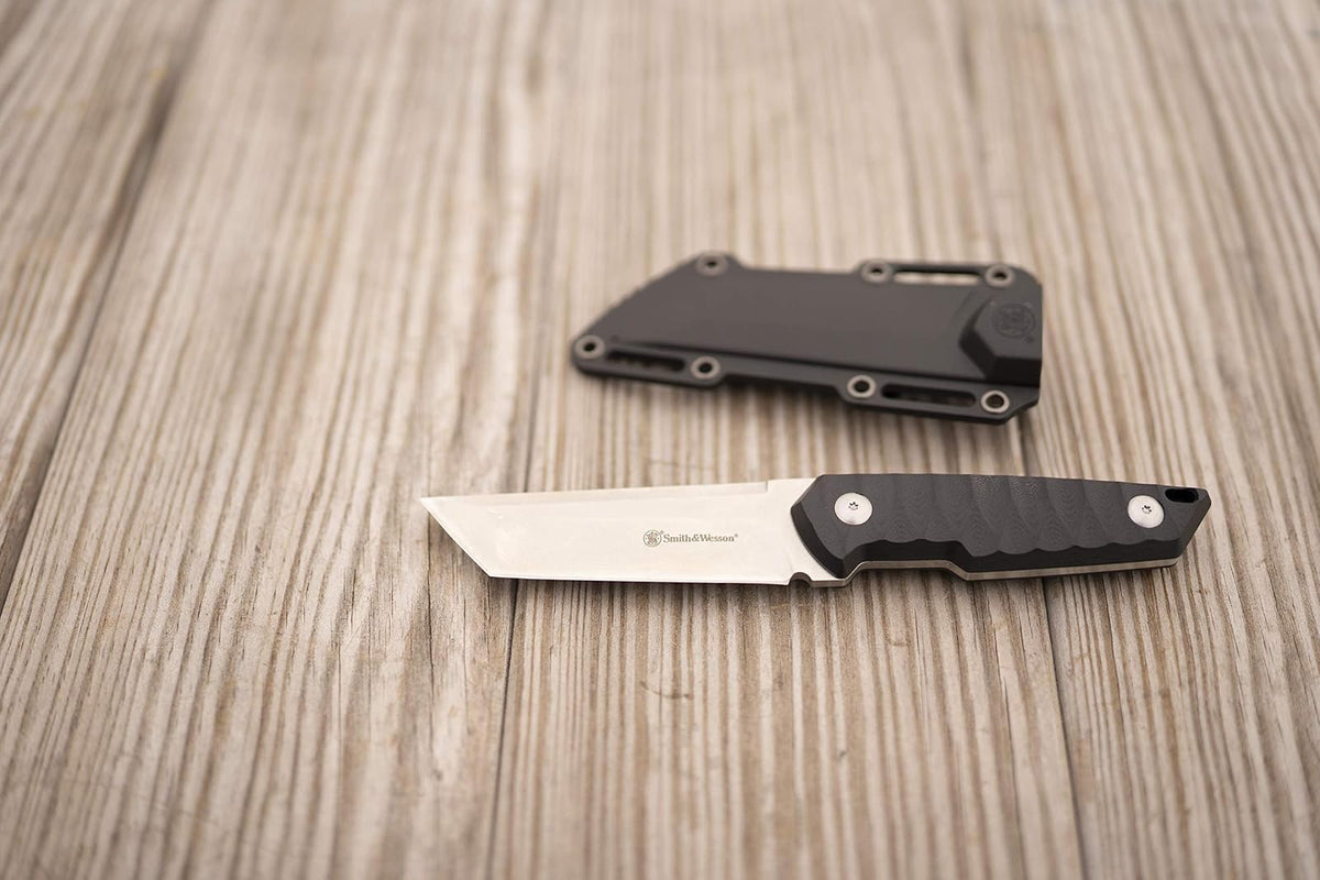 Smith & Wesson Cuchillo de Hoja Fija de Espiga Completa de 24/7 de 8.5 Pulgadas con Hoja Tanto de 4 Pulgadas y Mango G10 con Funda rígida para Exteriores, táctica, Supervivencia y EDC, Negro