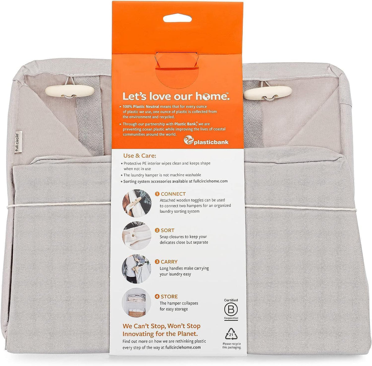 Full Circle Loads of Fun - Cesta plegable para ropa sucia y toallas, bolsa de lavandería de algodón orgánico de pie alto con asas largas, ideal para baño, dormitorio o habitación de los niños, gris