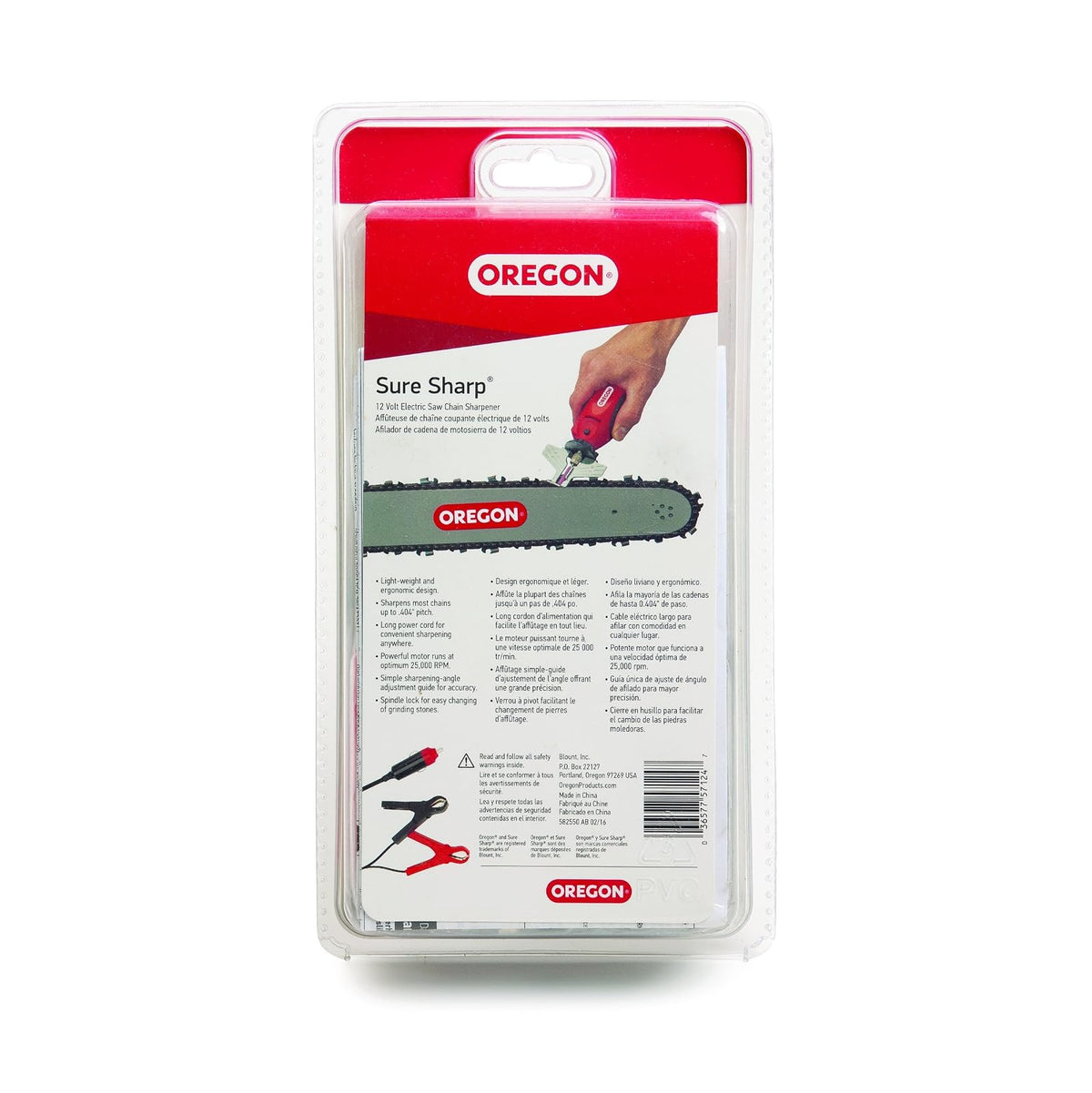 Oregon 575214 - Afilador de motosierra eléctrica de mano Sure Sharp de 12 V, herramienta de afilado y mantenimiento de cadena de sierra 2 en 1, cable de 16 pies