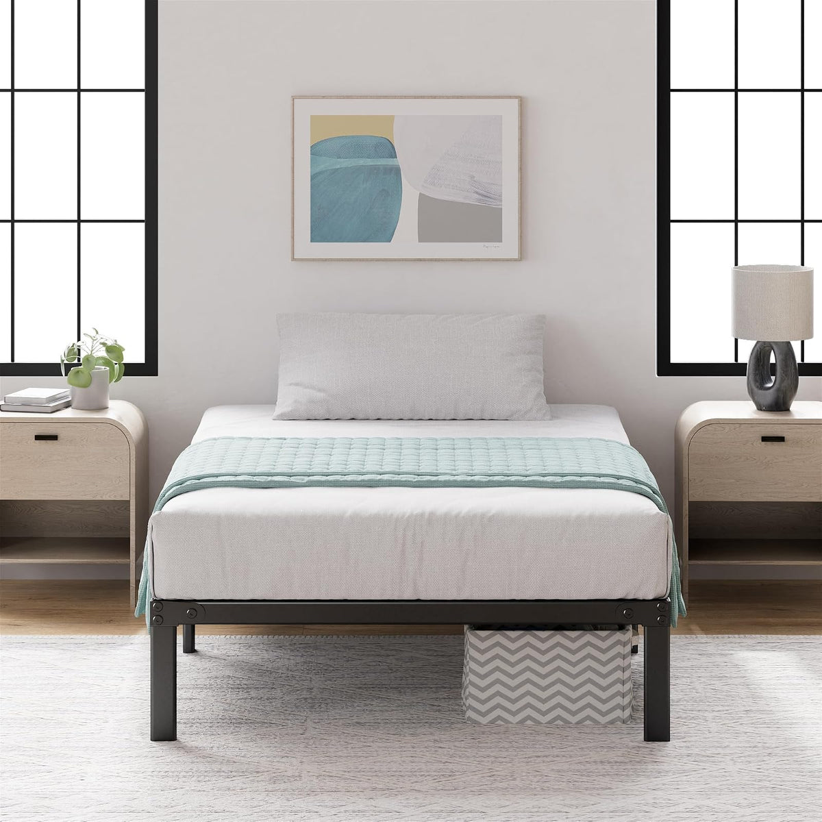 Zinus Yelena - Marco de Cama con Plataforma de Metal de 14 Pulgadas, Soporte de Listones de Acero, no Necesita somier, Embalaje ecológico WonderBox (TM), fácil Montaje, Negro, Individual