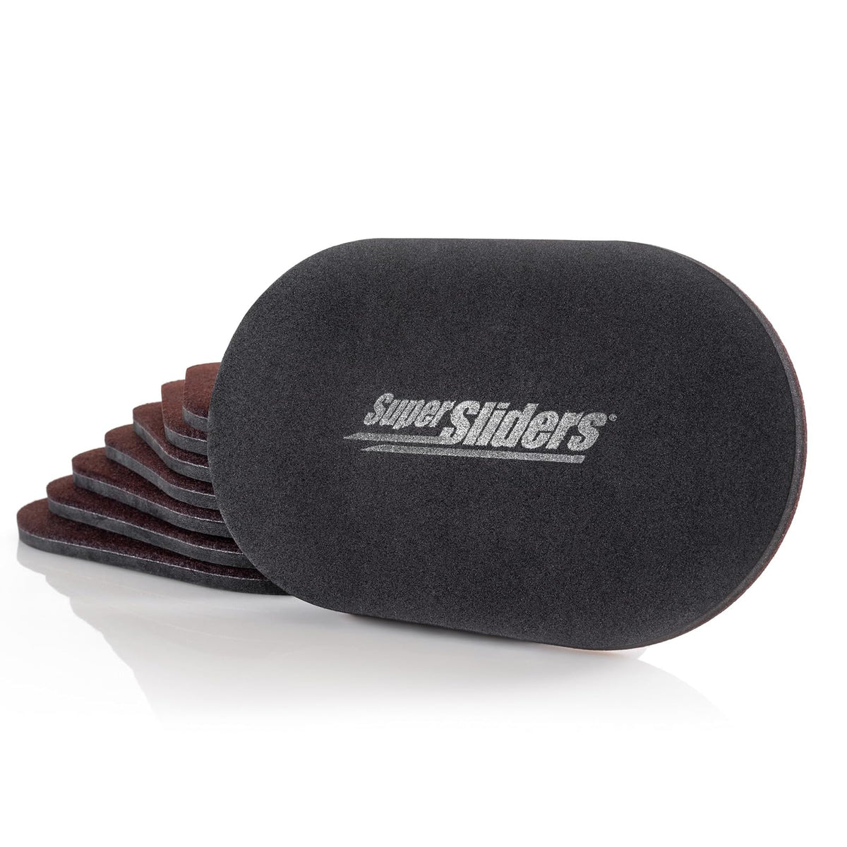 Super Sliders - Deslizadores ovalados de muebles reutilizables de 5 3/4 pulgadas x 9 1/2 pulgadas para superficies duras, movimiento sin esfuerzo y protección de superficie, café (paquete de 8)