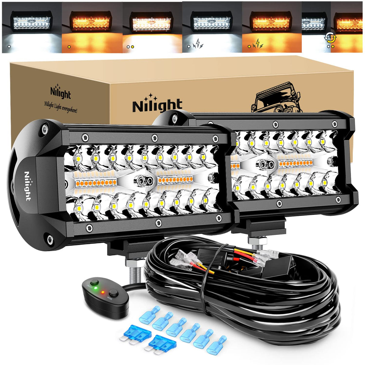 Nilight Barra de Luz LED Todoterreno 6.5", Ámbar, 120 W - Ámbar y blanco 6 modos