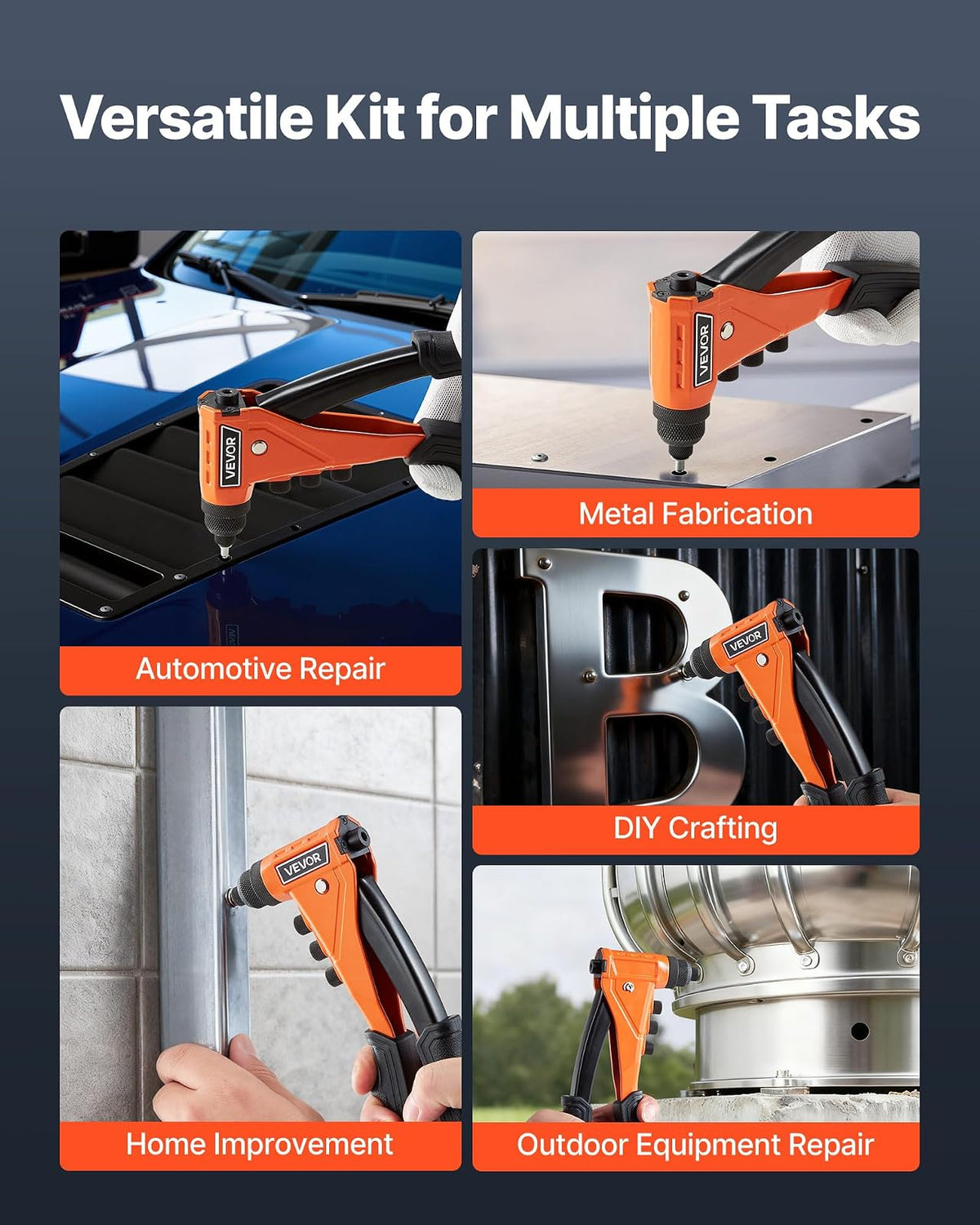 VEVOR Juego de Remachadoras con 200 Remaches Ciegos, 4 Boquillas Intercambiables, 4 Brocas y Estuche, Manual para Bricolaje de Metal, de Una Sola Mano, 230 x 195 x 33 mm, Color Naranja y Negro