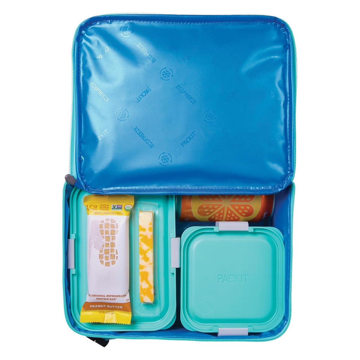 PackIt - Fiambrera clásica congelable, estilo retro, construida con tecnología ECOFREEZE, totalmente congelable, plegable, reutilizable, con bolsillo frontal con cierre y asa de hebilla, diseñada para