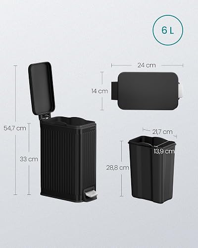 SONGMICS Cubo de Basura para Baño, 6 L, con Tapa, Acero Inoxidable | Basurero Delgado para Espacios Pequeños, Negro, Colección PATIA MLTB563B02
