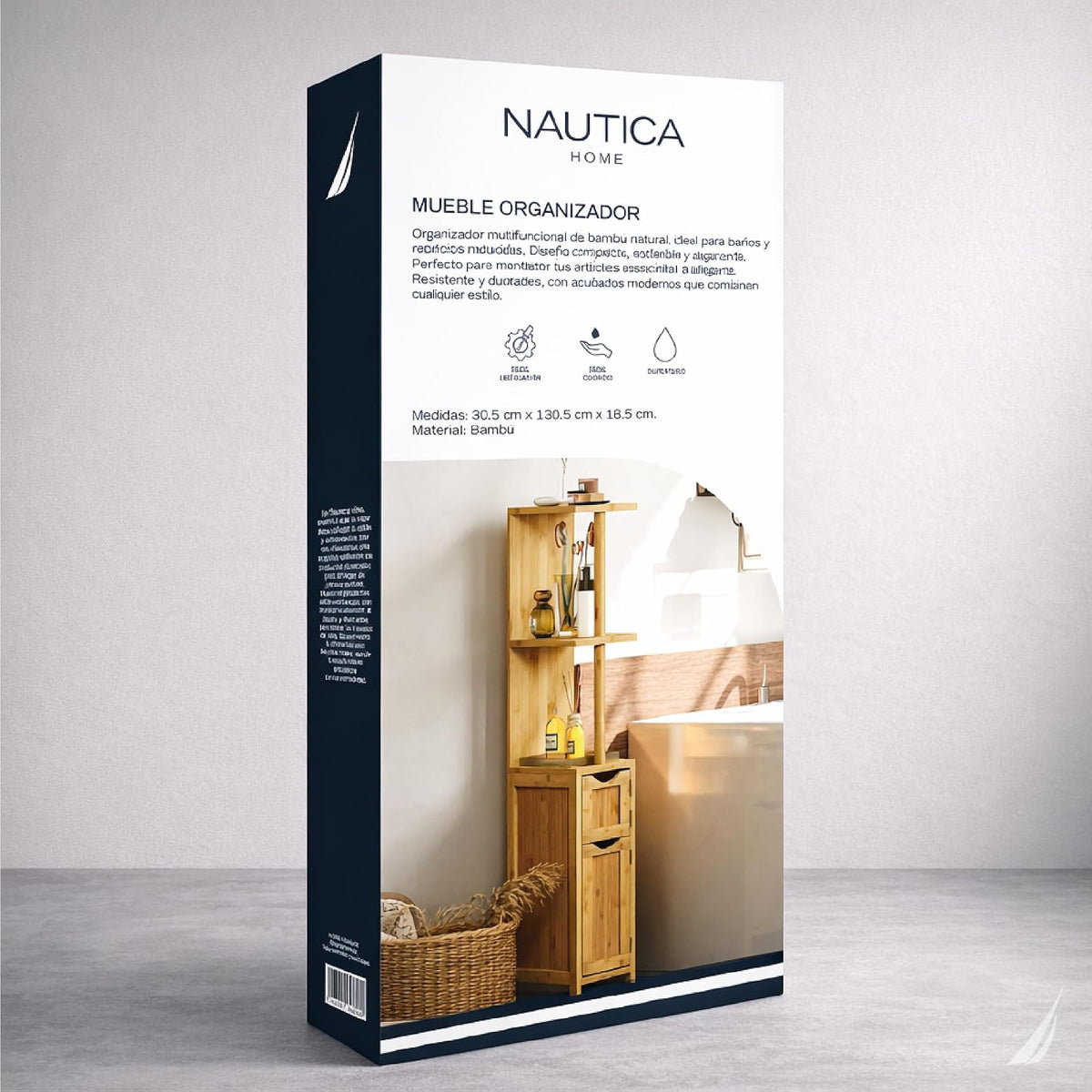 Nautica Home Mueble Organizador de Baño con Estantes y Gabinete, Torre de Almacenamiento de Bambú para Baño, Estantería Alta Compacta con Puertas para Espacios Reducidos