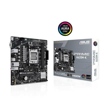 ASUS Prime A620M-K Tarjeta Madre AMD para armar tu PC de Trabajo y Estudio | mATX, AMD AM5 (Ryzen 9000/7000), DDR5 hasta 7200+ (OC) EXPO, PCIe 4.0 x16, ranura M.2 (PCIe 4.0), LAN Gigabit, 4x SATA
