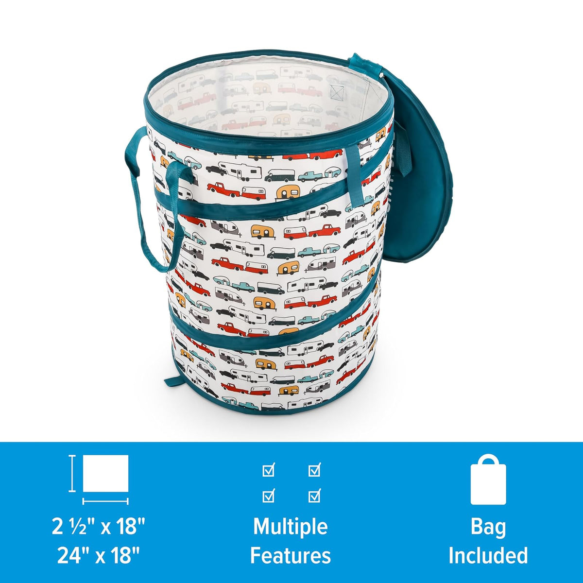 Camco Tear Resistant Pop Up Utility Container, Can Be Used as a Collapsible Storage or Toy Bin 18" x 24" Life Is Better at The Campsite RV Print Design - (42986)