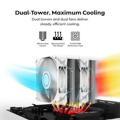 MONTECH NX600 - Enfriador de aire para CPU de doble torre, 6 tubos de calor | Soporte de enchufe AMD AM5/AM4 e Intel LGA1851/1700, altura de 160 mm, base de cobre soldado, refrigeración de flujo de aire