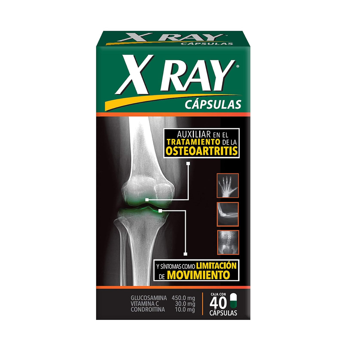 X RAY Coadyuvante en el tratamiento de la osteoartritis, Libera tus articulaciones y ponte en movimiento gracias a su formulación con glucosamina (450 mg), vitamina C (30 mg) y Condroitina (10 mg)