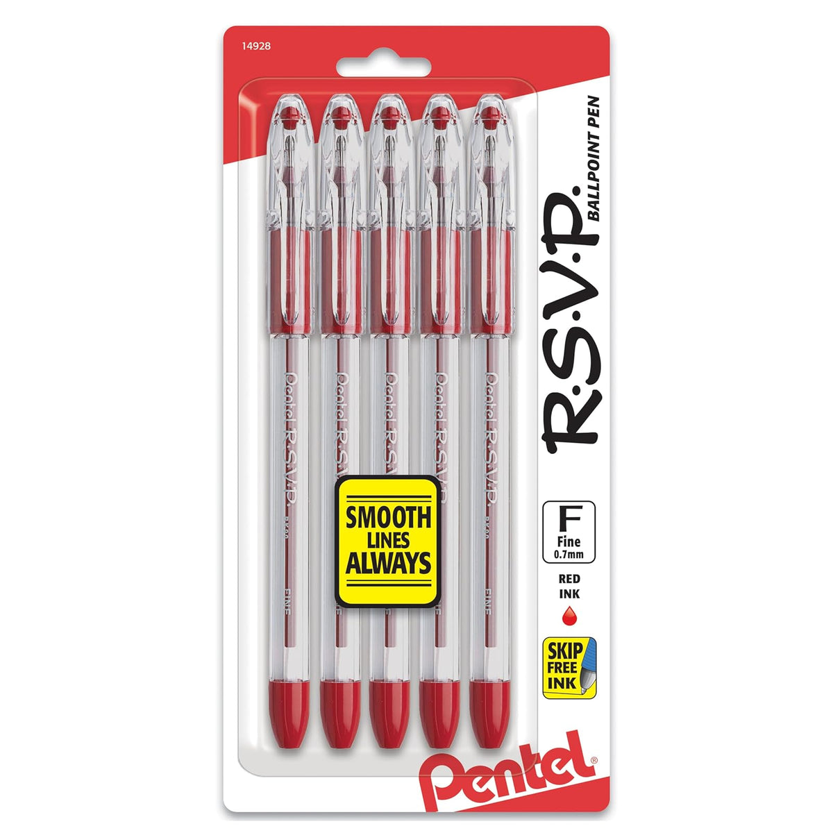 Pentel R.S.V.P. Ballpoint Pen, Fine Line, Red Ink, 5 Pack (BK90BP5B)