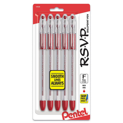 Pentel R.S.V.P. Ballpoint Pen, Fine Line, Red Ink, 5 Pack (BK90BP5B)