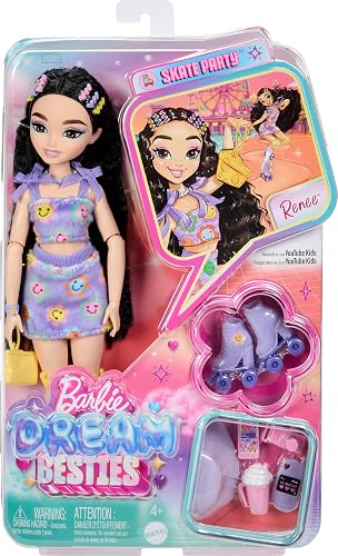 Muñeca Barbie Dream Besties y Accesorios, Renee Posable Muñeca de Moda de Patinaje Sobre Ruedas con Cabello Negro, 12 Piezas Temáticas de Video y Alimentos, JFX99