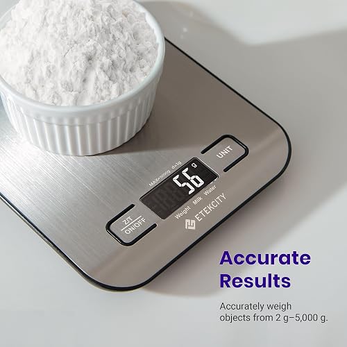 Etekcity Báscula de Cocina Digital de Precisión, Balanza Cocina de Acero Inoxidable 5 kg/ 11 lbs, Peso Cocina Multifuncional, Pantalla LCD, 2 Baterías Incluidas