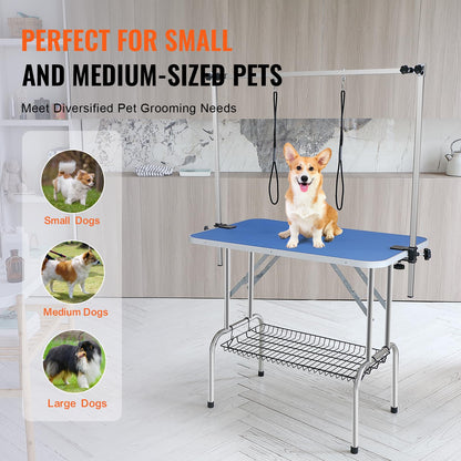 VEVOR Mesa Plegable de Aseo para Mascotas 914,4x609,6 mm Mesa de Aseo para Perros Carga de 149,7 kg Mesa de Peluquería para Perros de Acero Inoxidable con 2 Pinzas 2 Cuerdas Cesta de Almacenamiento