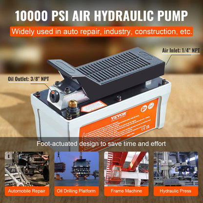 VEVOR - Bomba hidráulica de aire, depósito de 10,000 PSI 1/2 gal, salida de aceite NPT 3/8", entrada NPT 1/4", tubería de 6.6 pies, bomba hidráulica accionada por pie Pedal de aire para máquinas