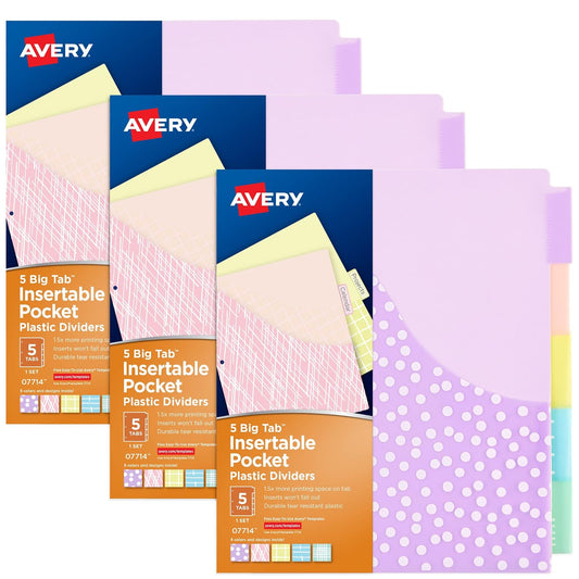 Avery 11255 - Divisores para carpetas de 3 anillos, separadores de carpetas de plástico de 5 pestañas, bolsillos, pestañas grandes insertables, diseños clásicos pastel, protectores de hojas para